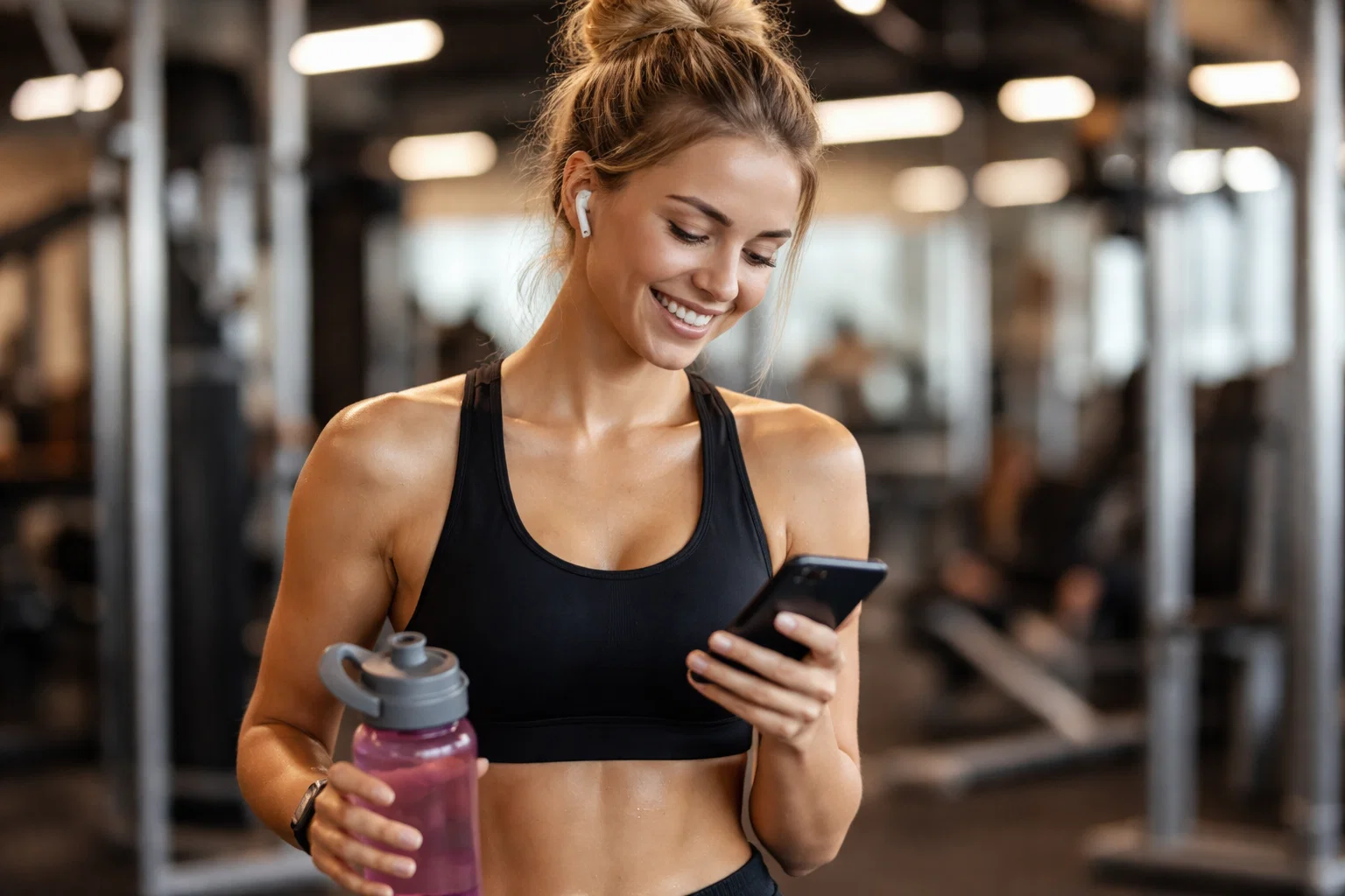 A woman looking at their phone and smiling in the gym whilst using the best strength training app