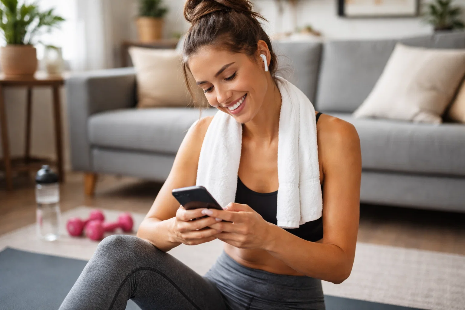 A woman looking at their phone and smiling after a home workout 