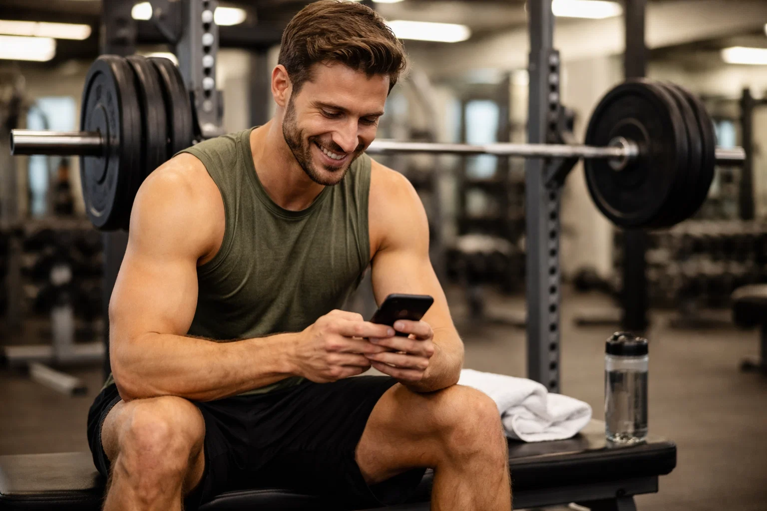 A man looking at their phone during rest period whilst using a bench press in the gym. 