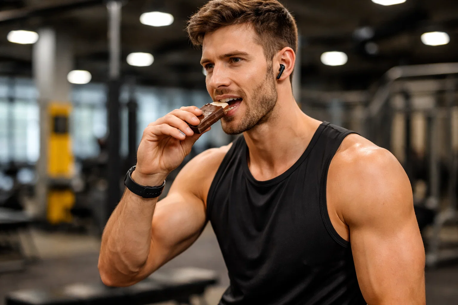 A man eating a protein bar at the gym. 