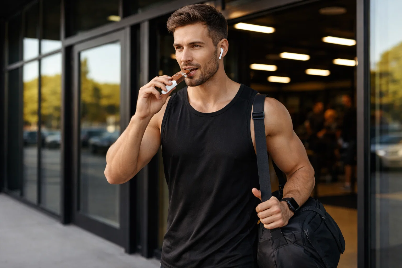 A man walking out of the gym eating a protein bar