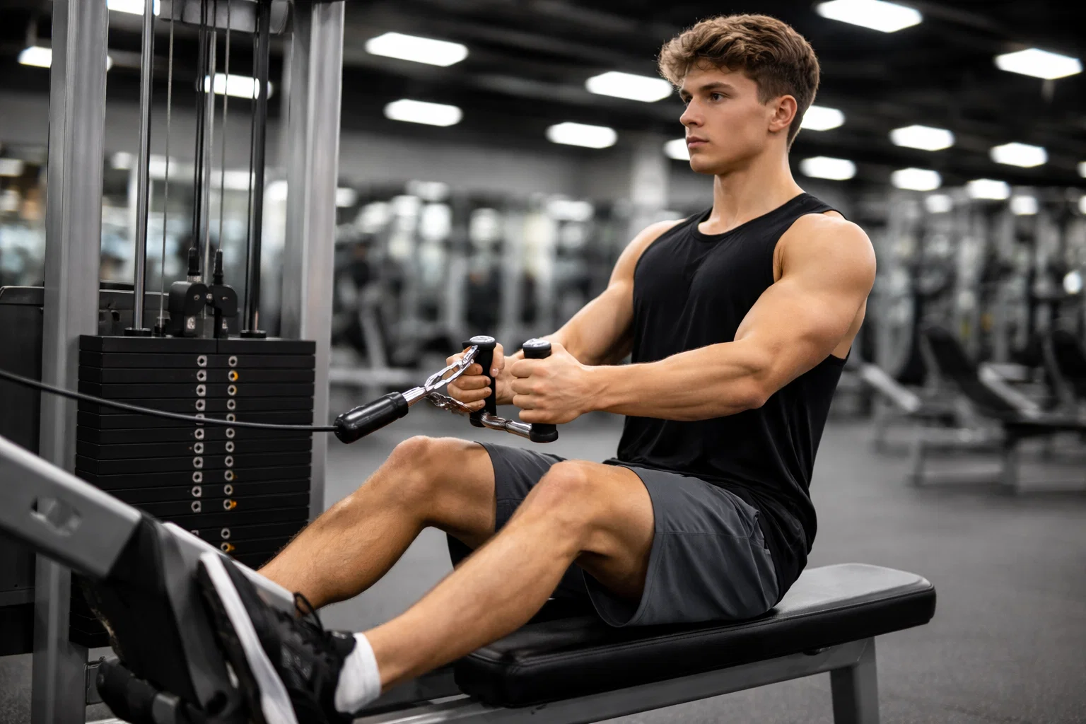 A teenager using a low roe machine in the gym