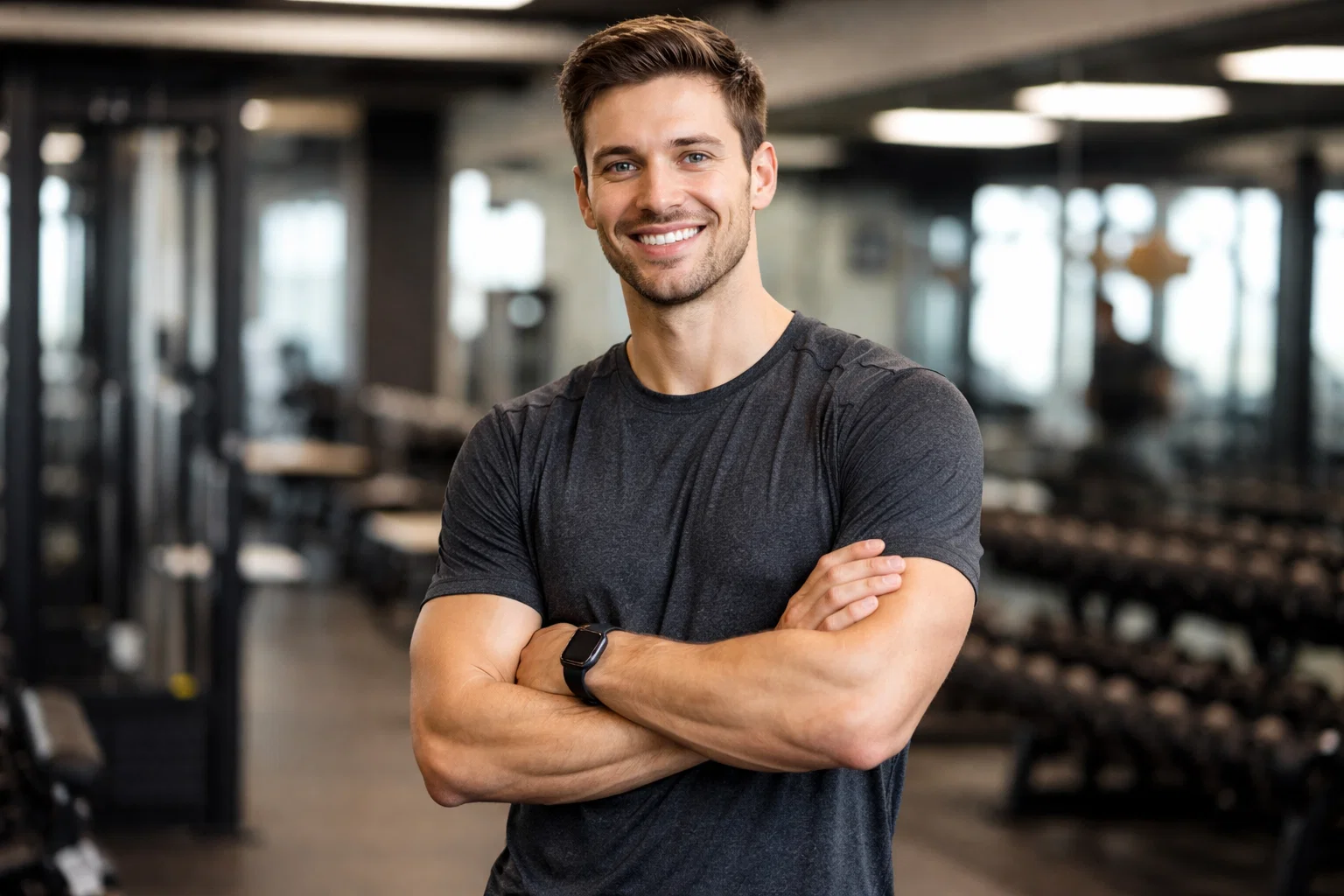 A slim build man smiling and posing in the gym after using a reddit beginner workout routine