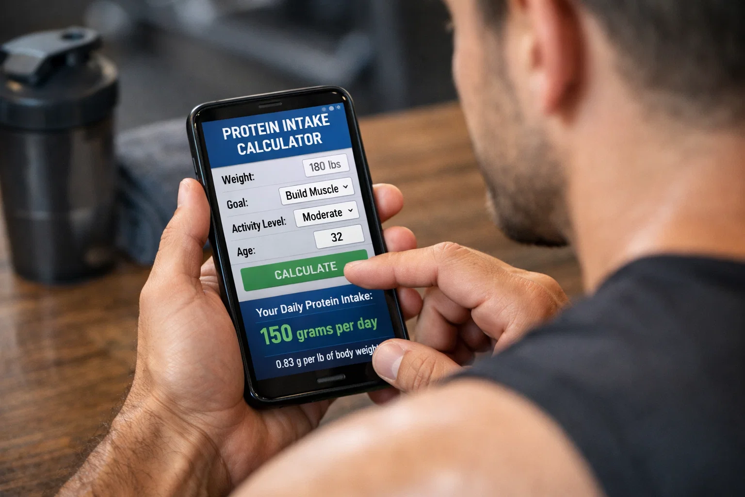 A man using a protein intake calculator on their phone