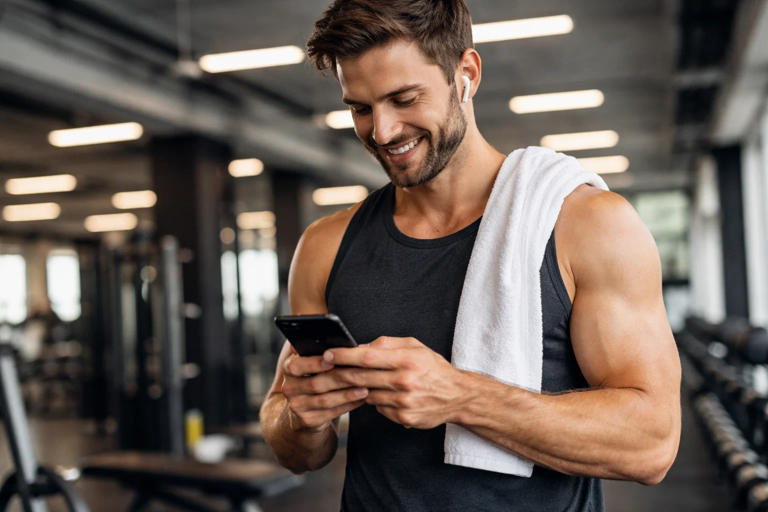 A man using the best protein intake calculator on his phone in the gym