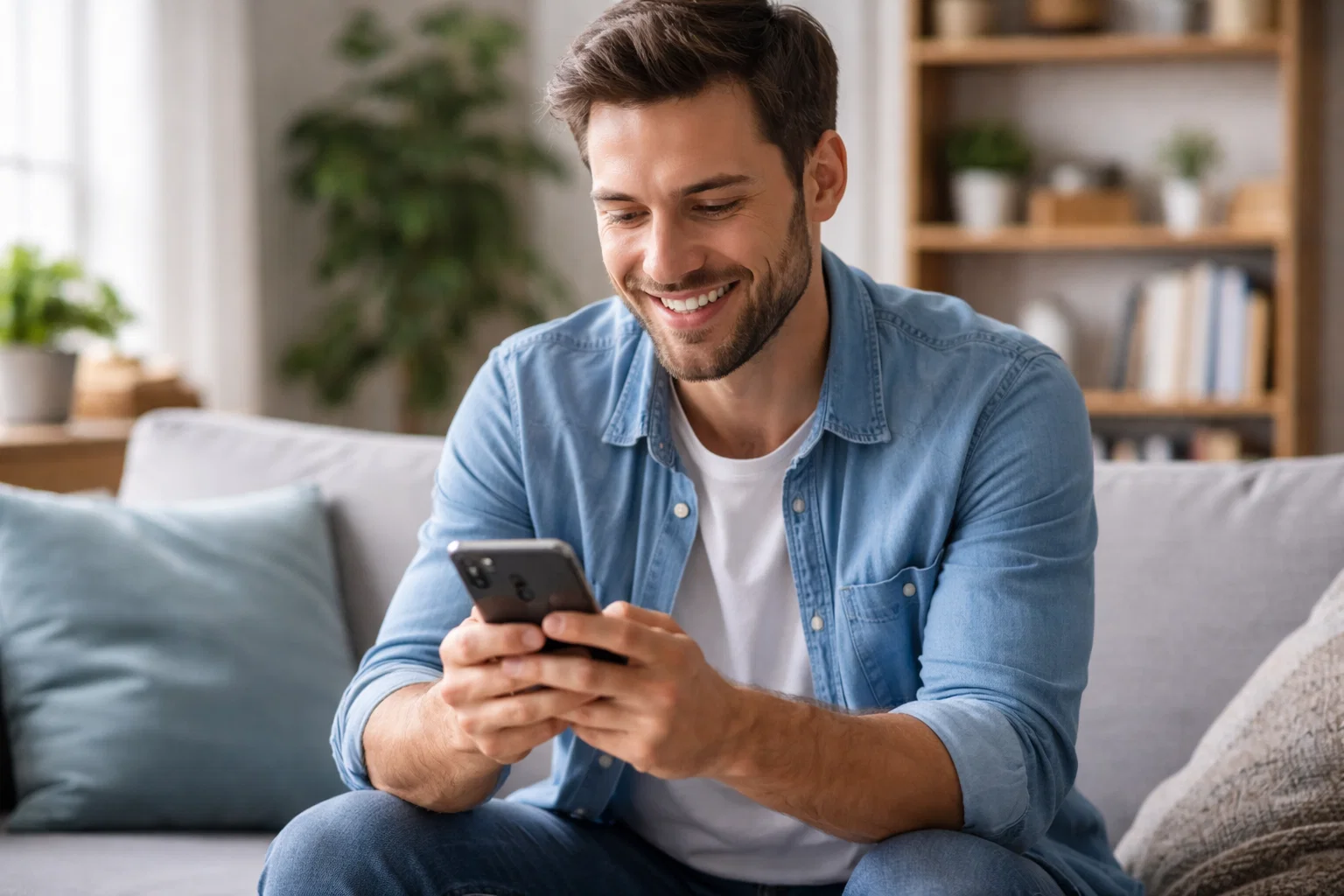 A man looking at their phone at home and smiling