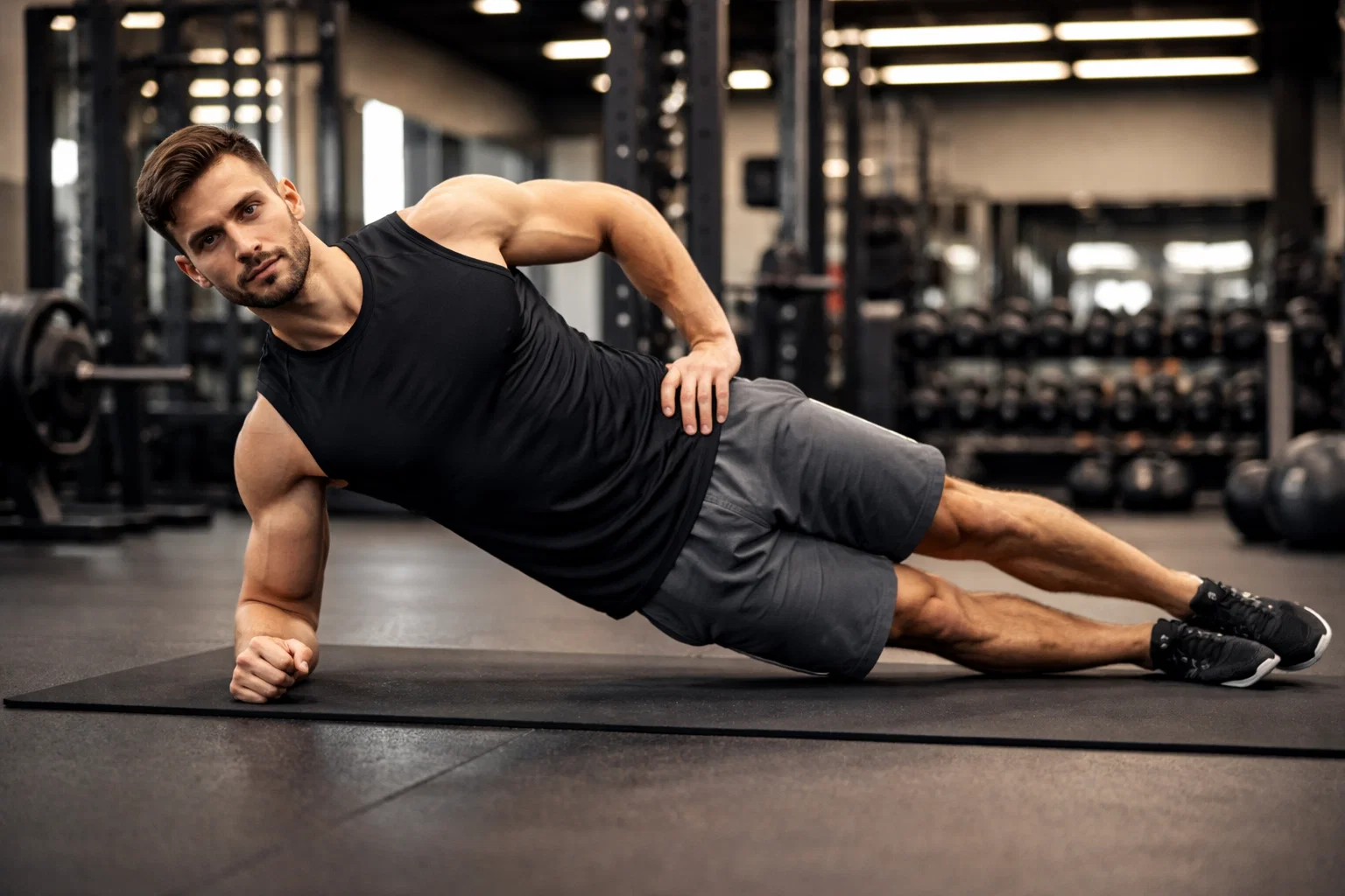 A man doing a side plank in the gym  