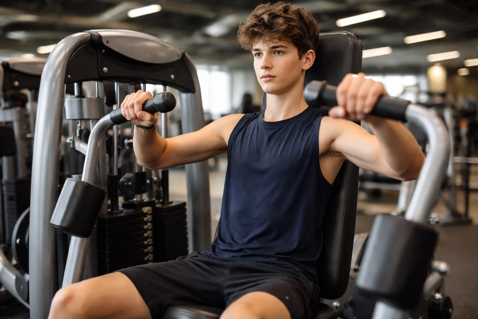 A teenager using a chest press machine in the gym