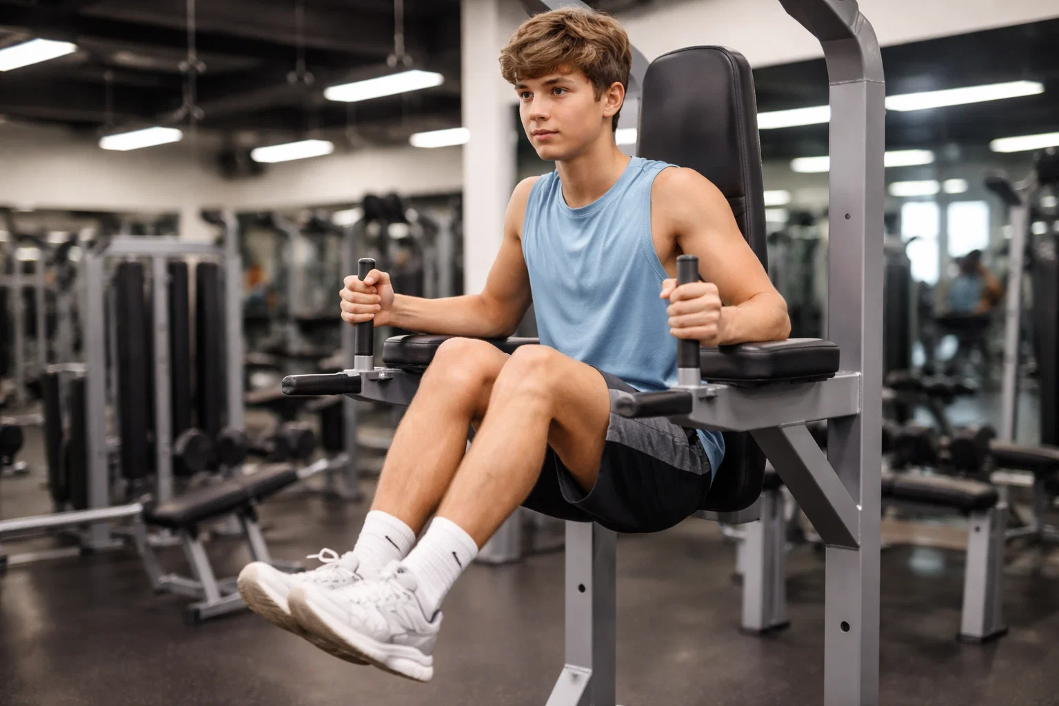 A teenager using a captains chair in the gym