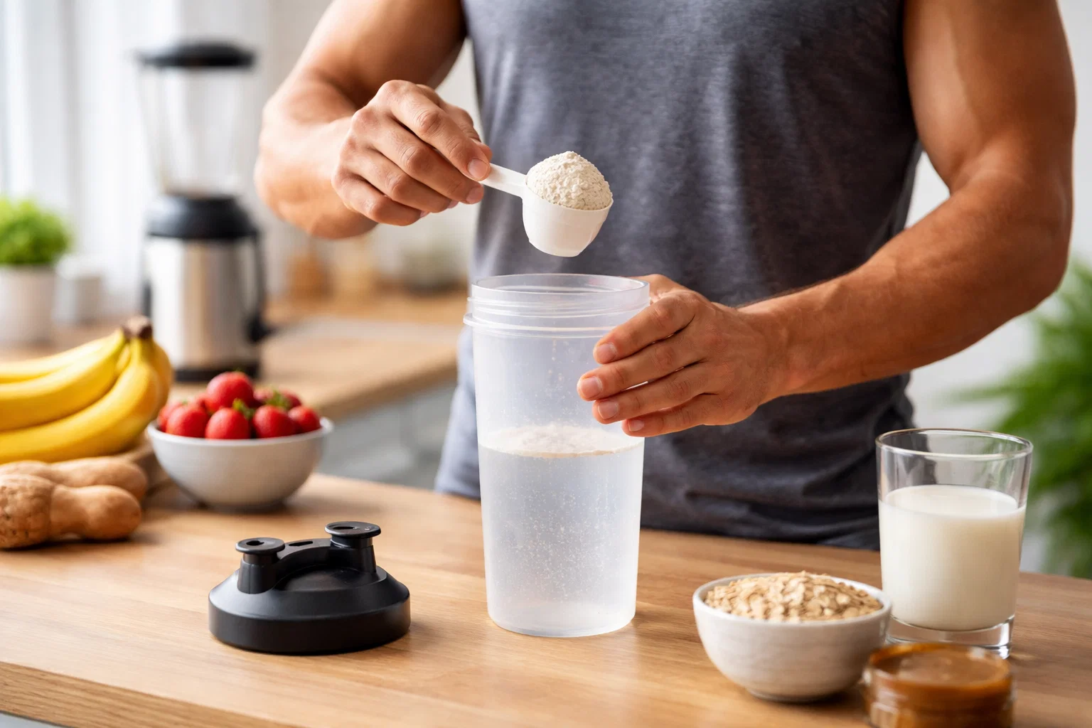 Someone making a protein shake at home