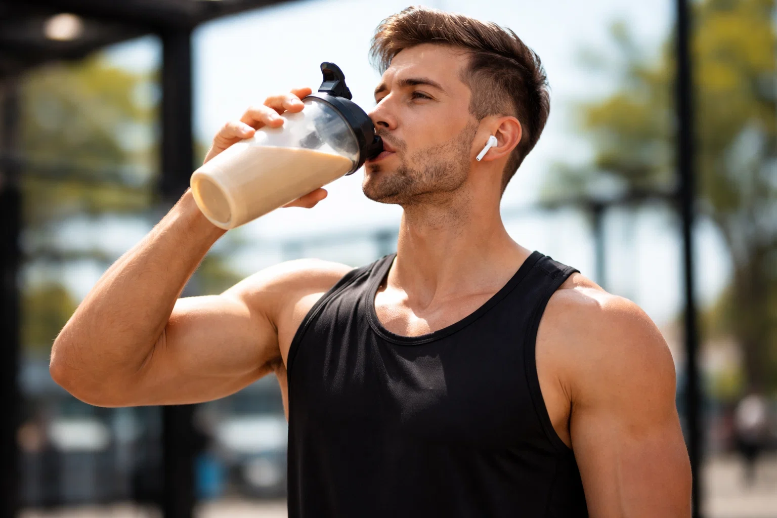 A man drinking a protein shake