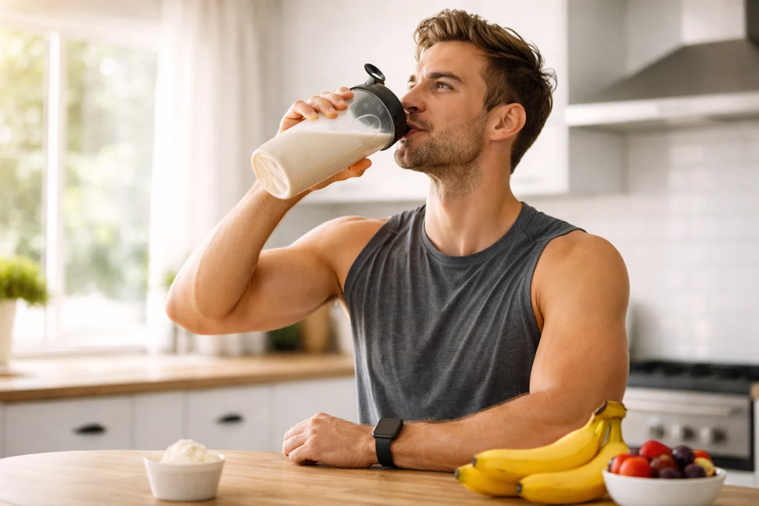 A man drinking a protein shake made with plant based protein powder