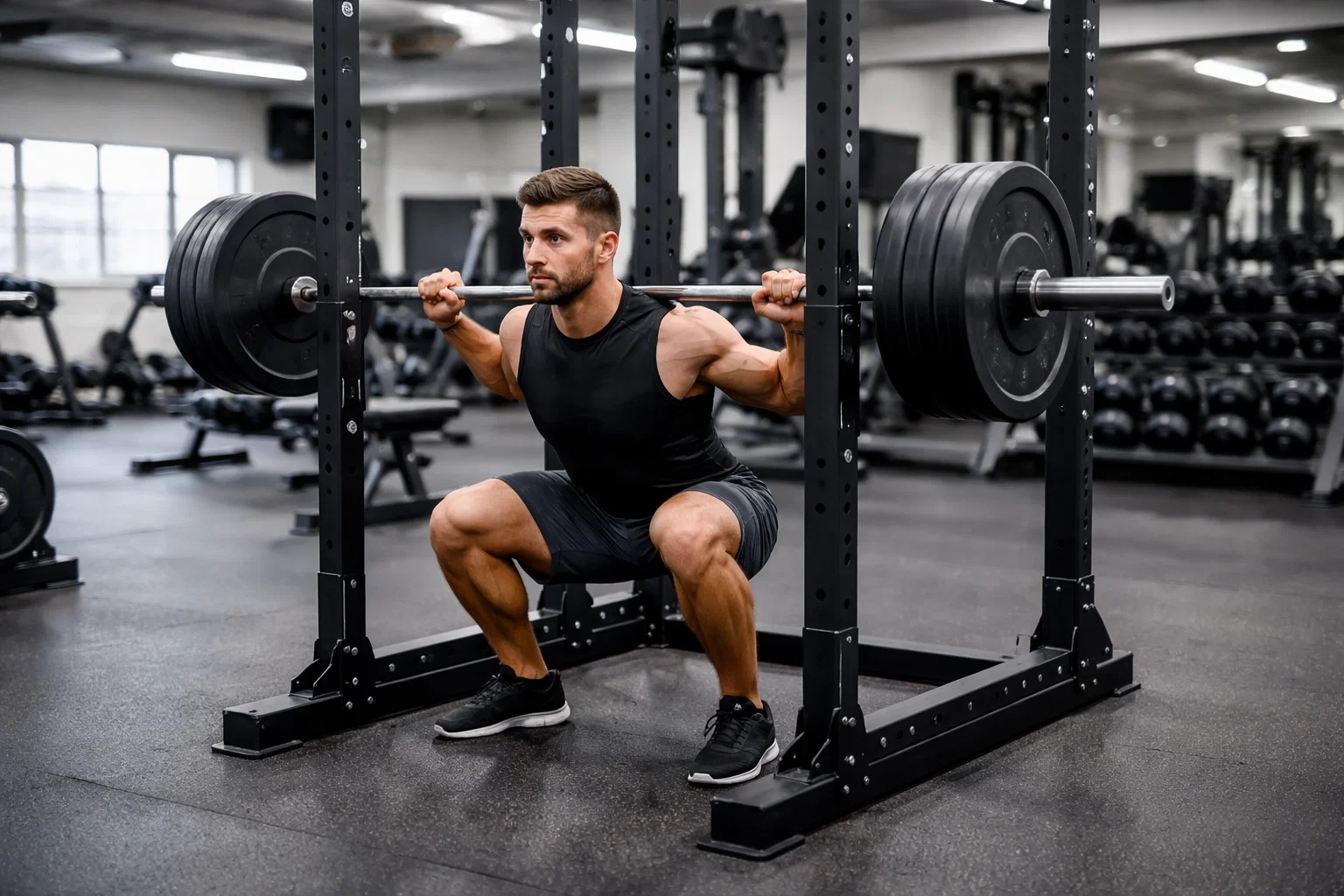 Someone using a power rack in the gym
