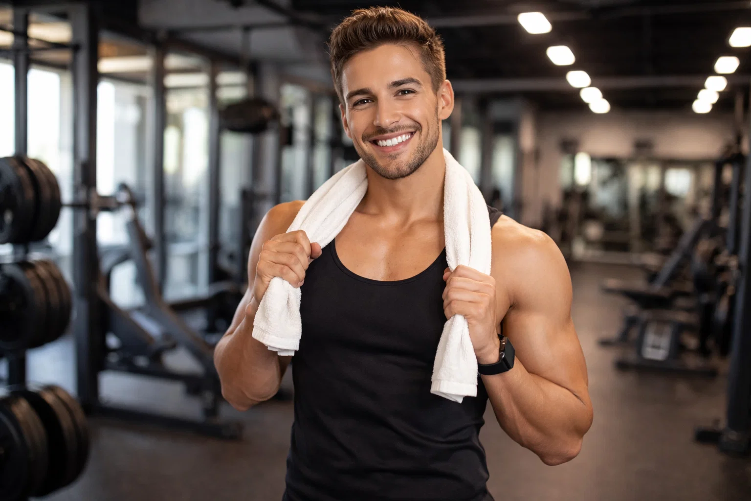 A man posing in the gym after a workout whilst holding a white towel around his neck and smiling
