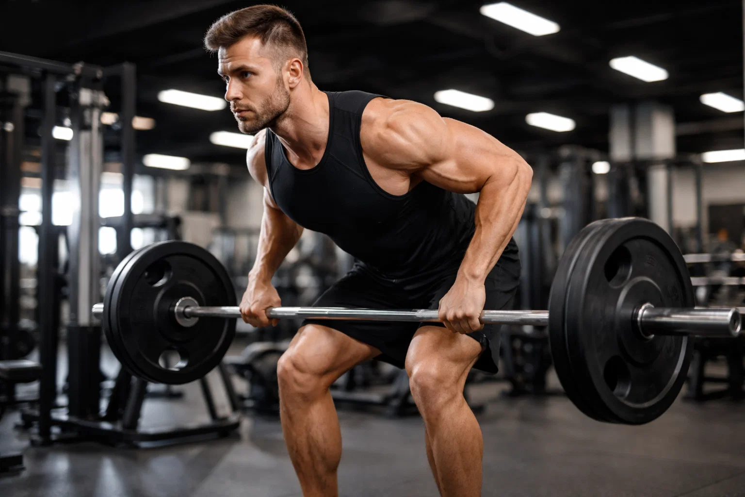 Someone doing a barbell row in the gym 