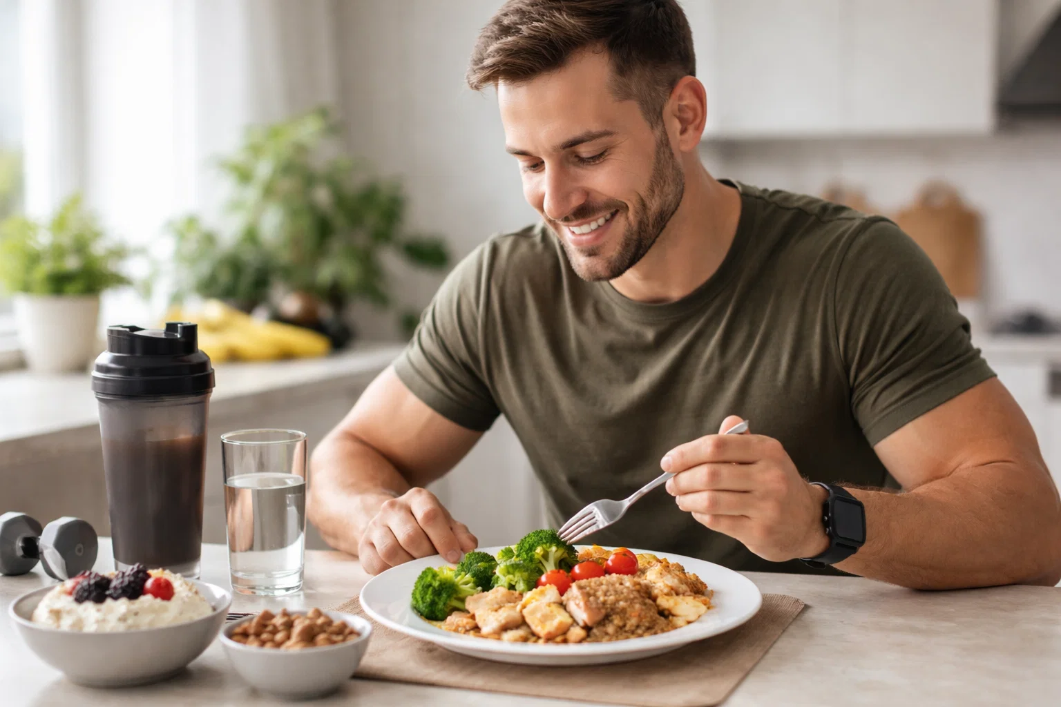 A man eating a high protein meal 
