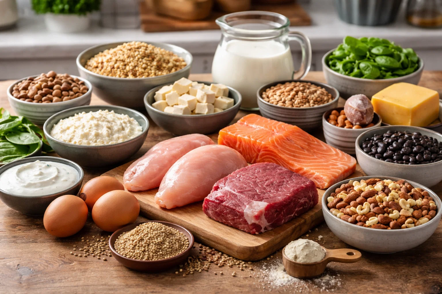academy of nutrition and dietetics protein recommendations: high protein food on a table counter 