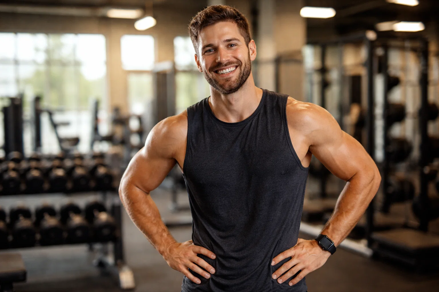 A happy man posing in the gym after a workout 