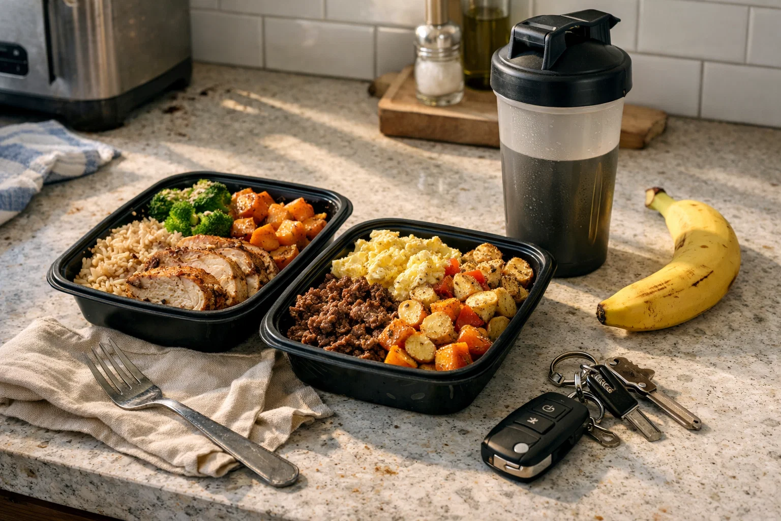 A simple kitchen counter with two unbranded meal trays, a fork, a shaker bottle, gym keys, and a banana, morning light, slightly messy but clean.