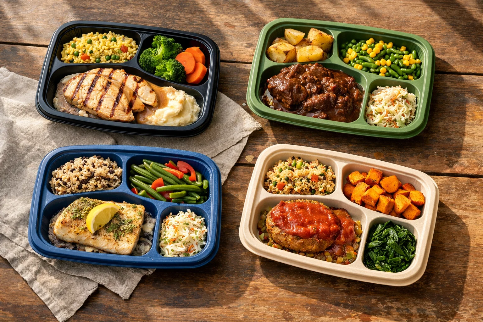 Four unbranded meal trays laid casually on a table (chicken, beef, fish, plant-based), different colours/textures, overhead shot, natural window light.