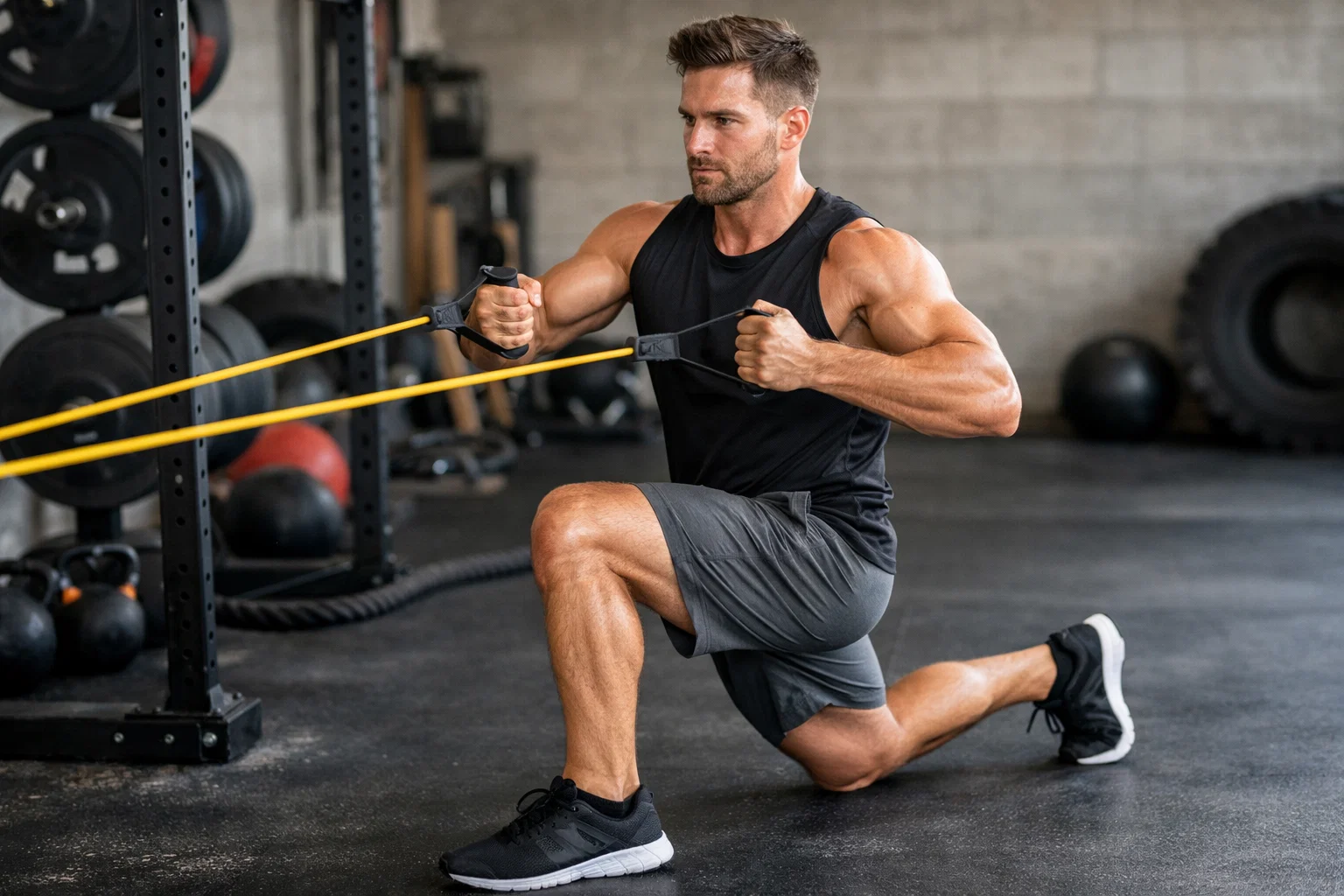 Someone doing a full body resistance band workout