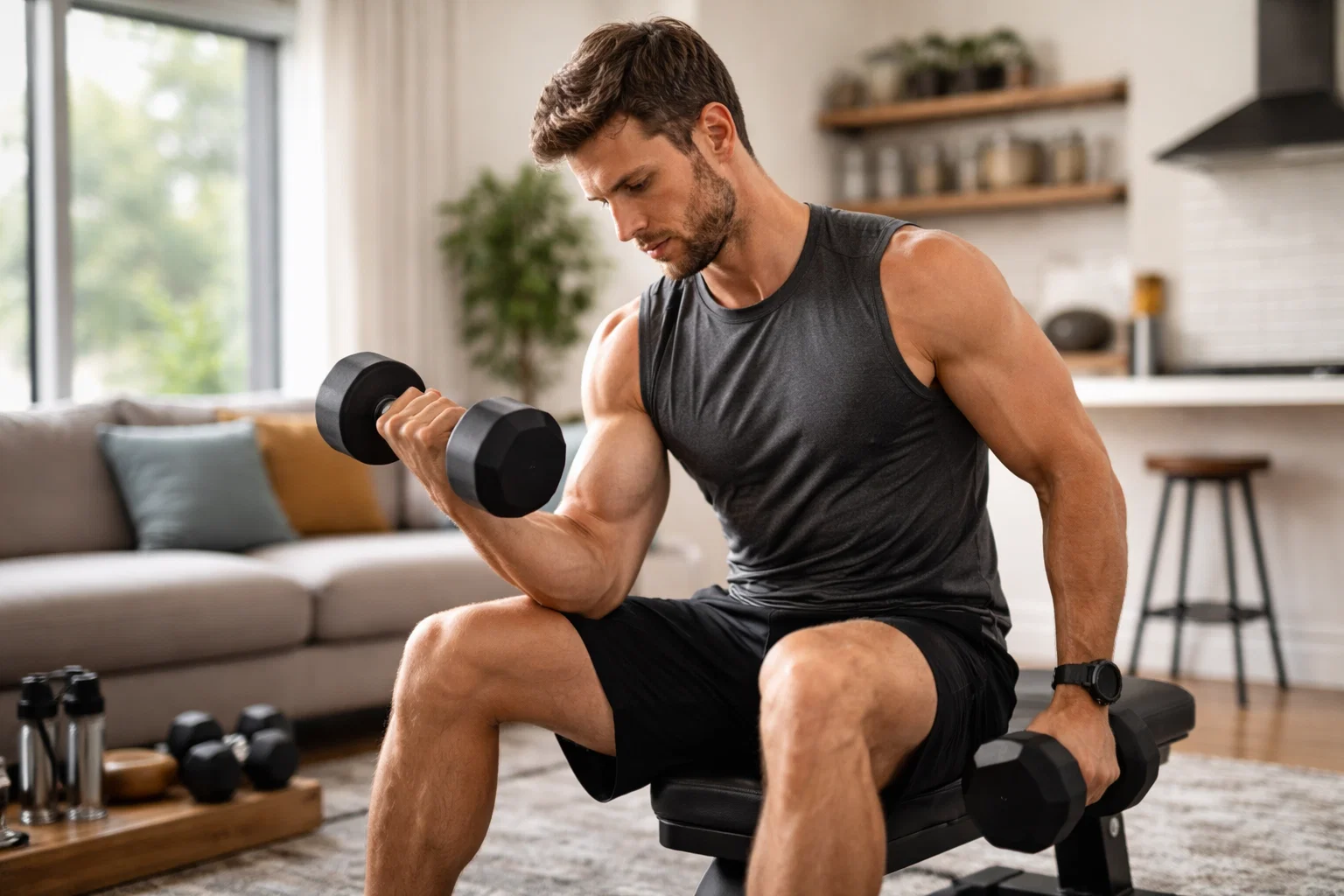 Someone doing an upper body dumbbell workout at home 