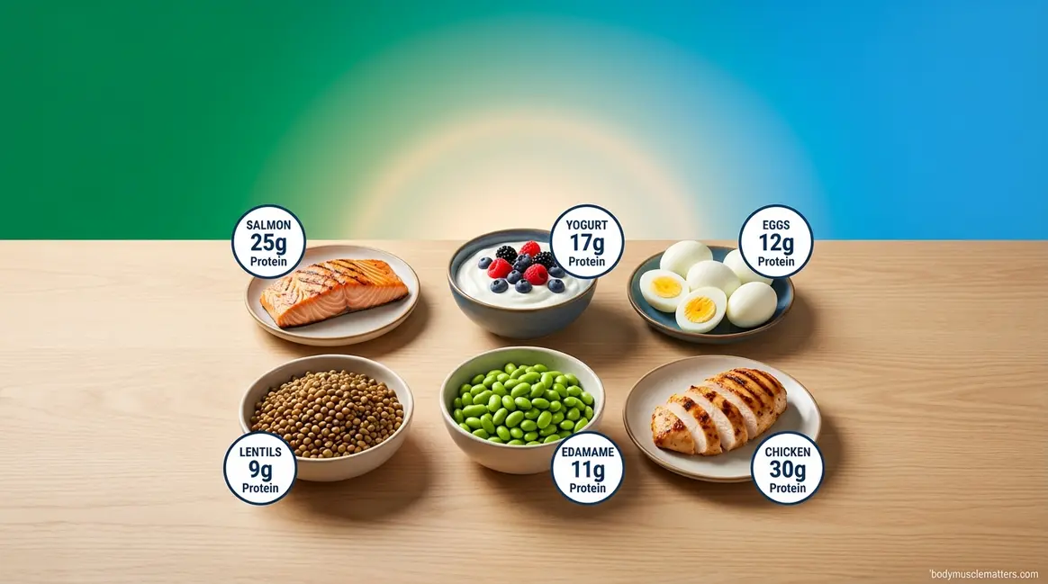 Academy of Nutrition and Dietetics protein recommendations illustrated through a balanced high-protein meal spread
