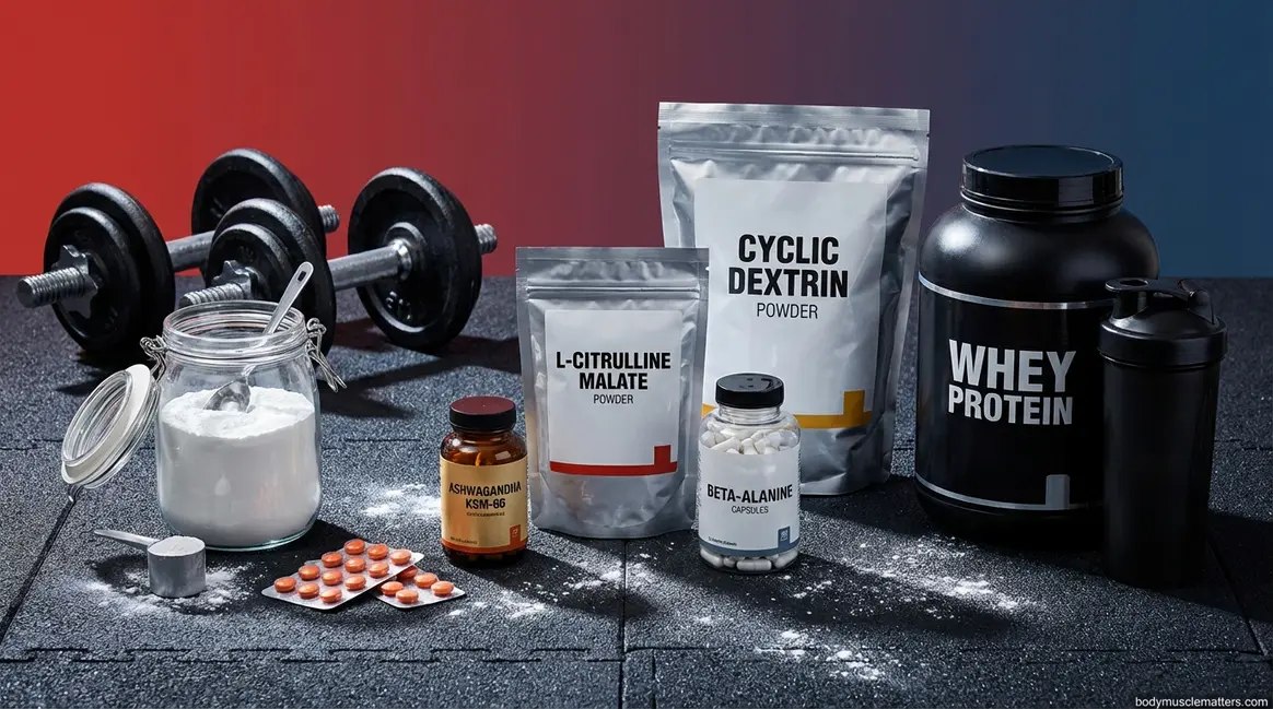 Best bodybuilding supplements for energy including creatine, caffeine, beta-alanine, and ashwagandha arranged on dark gym surface