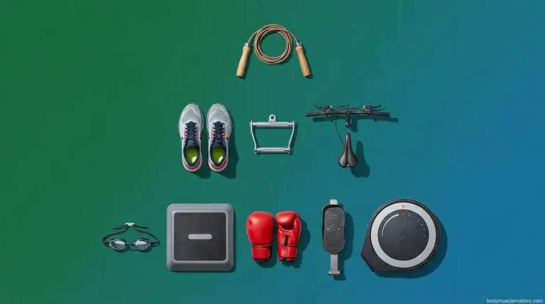 Best cardio exercises for weight loss ranked — jump rope, running shoes, rowing and cycling equipment flat-lay