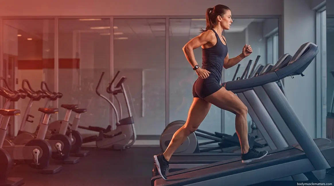 Best cardio for preserving muscle mass shown by athlete incline walking on treadmill in gym