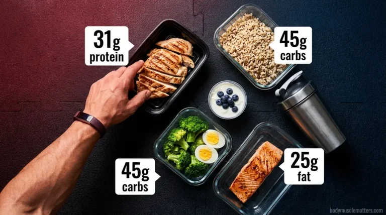 Best diet for muscle growth meal prep spread with high-protein foods and macro labels