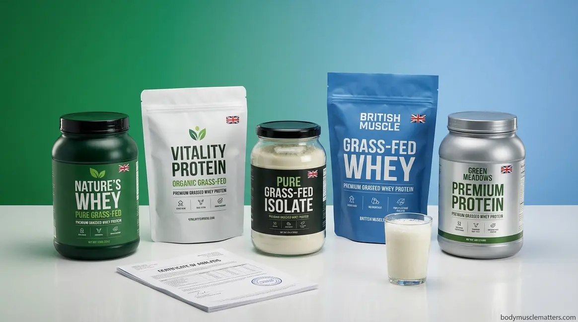 Best grass fed whey protein powder UK brands lined up with lab test certificates and protein shake