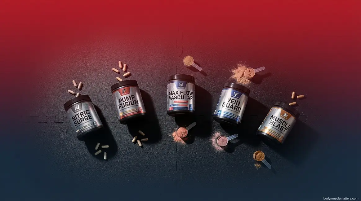 Best muscle pump supplements lined up including top-rated pre-workout formulas for vascularity and performance