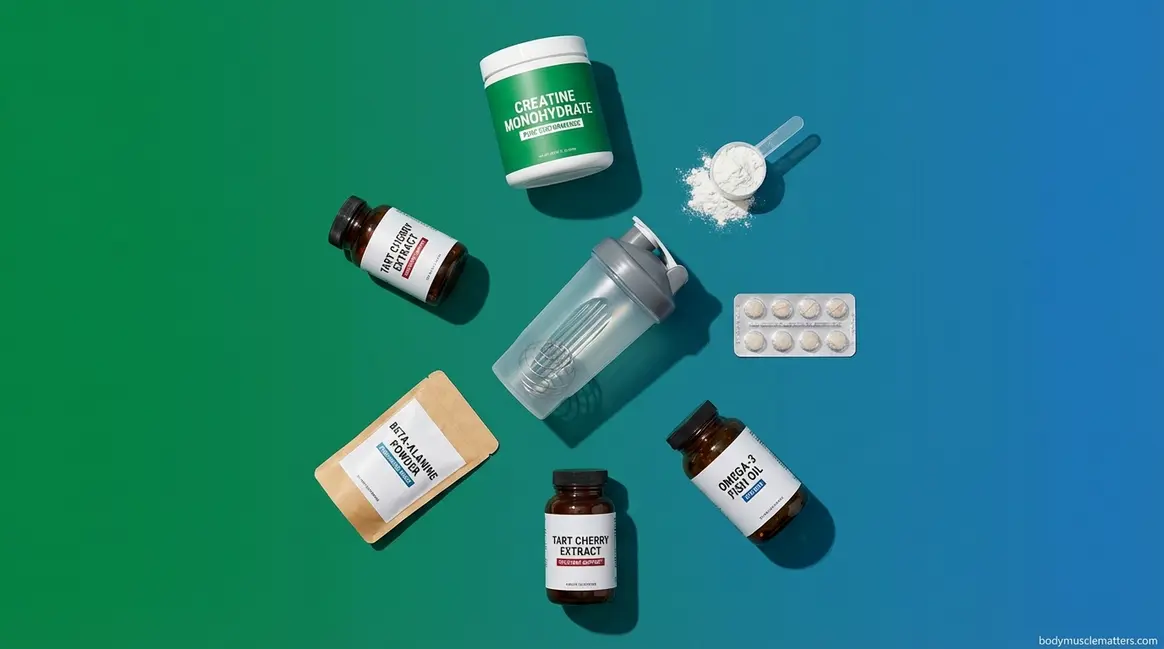 Best natural supplements for bodybuilding arranged flat-lay including creatine, whey, and omega-3