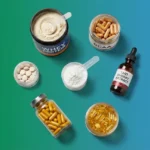 Seven best natural supplements for muscle recovery arranged in professional flat-lay studio composition