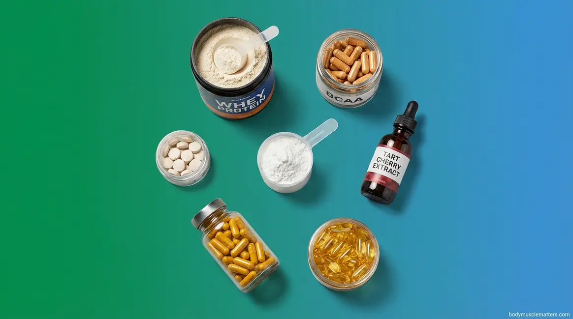 Seven best natural supplements for muscle recovery arranged in professional flat-lay studio composition