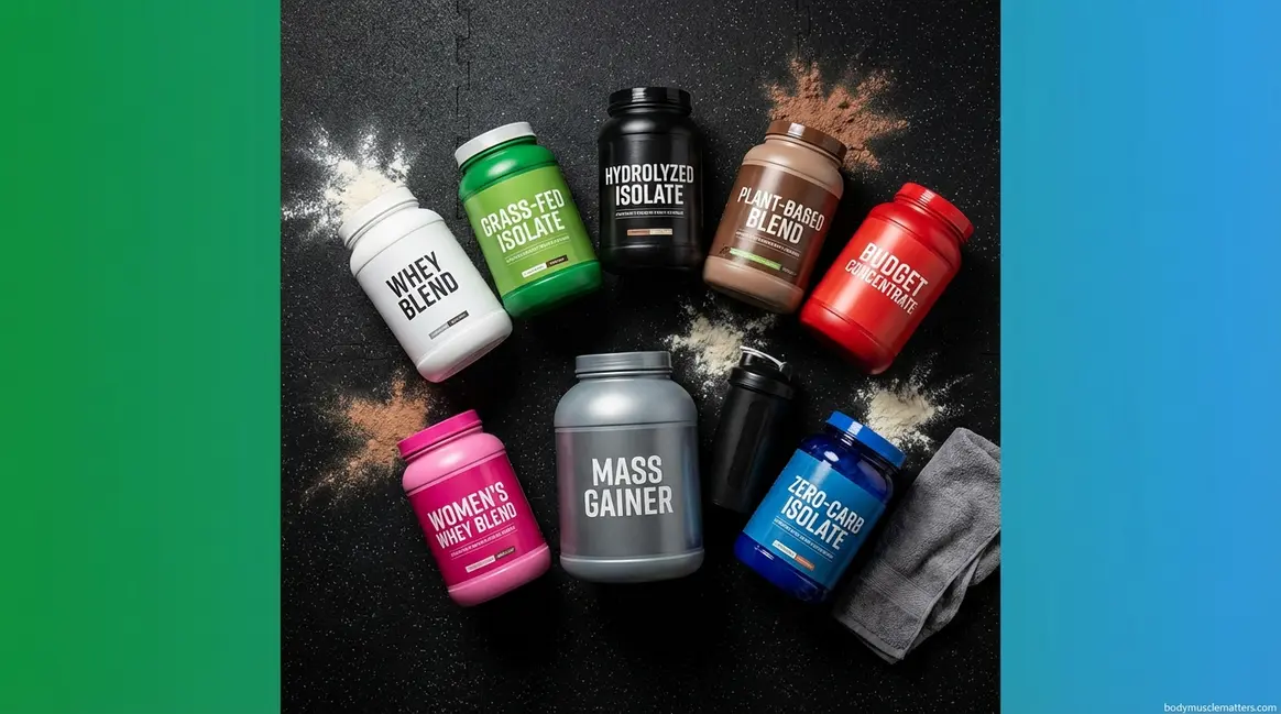 Best protein powder for muscle gain lineup showing ten top-rated tubs on gym surface