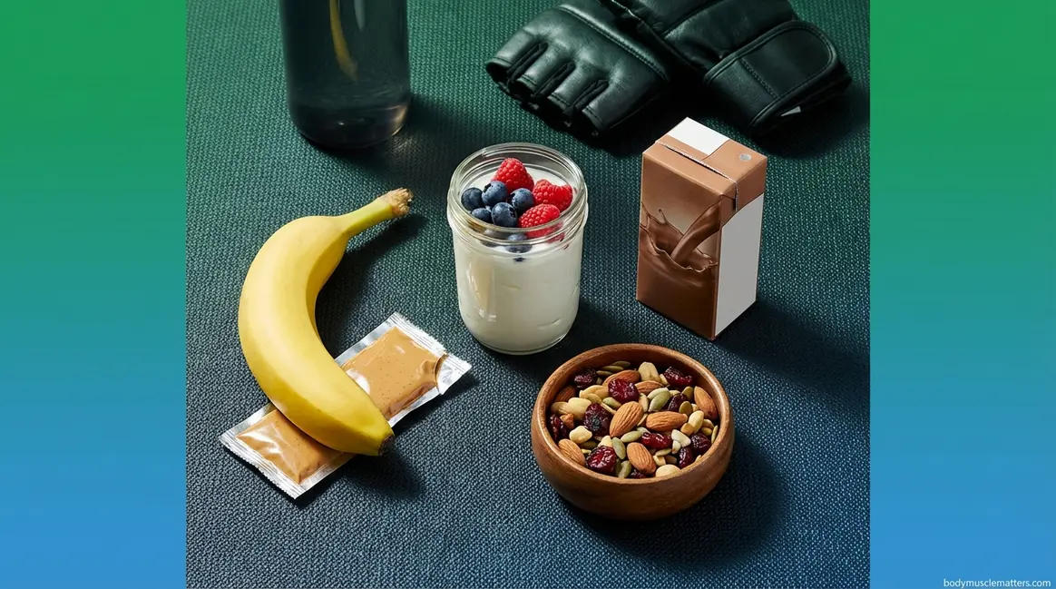 Best snacks between workouts including Greek yogurt, banana, trail mix, and chocolate milk on gym surface