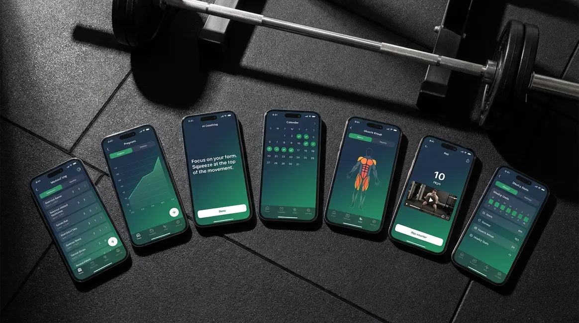 Best strength training app comparison showing seven smartphone screens with workout interfaces and gym equipment