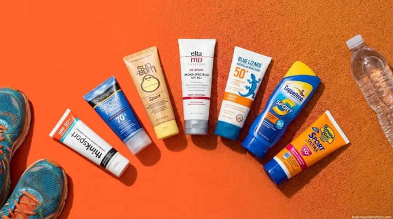 Best sunscreen for outdoor exercise lineup of seven sport SPF 50 products flat-lay