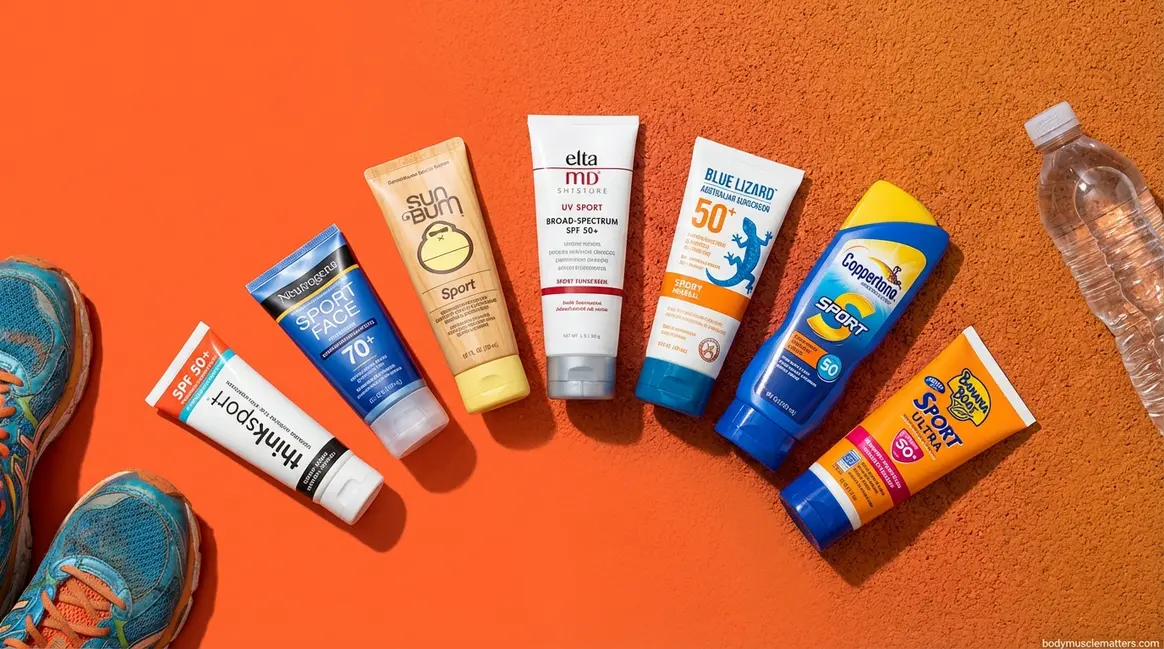 Best sunscreen for outdoor exercise lineup of seven sport SPF 50 products flat-lay