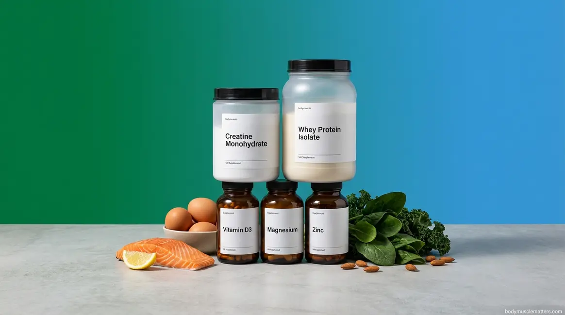 Best vitamins for muscle growth supplement stack including Vitamin D3, magnesium, zinc, and creatine arranged professionally
