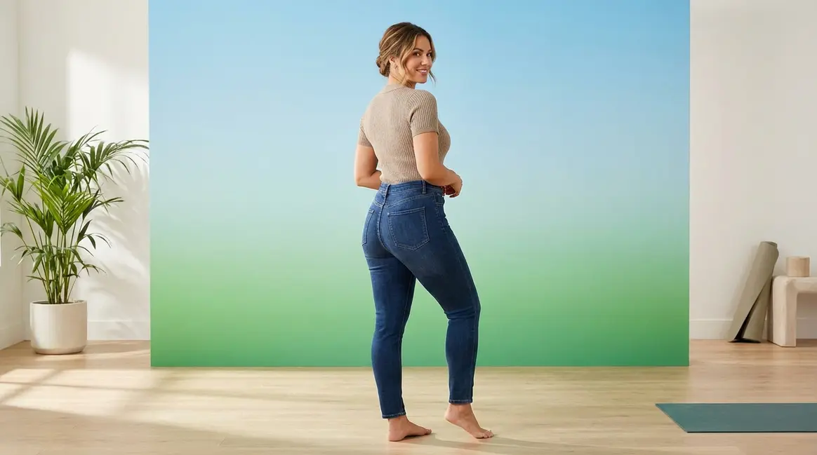 Woman showing bigger bum appearance without exercise using fashion and posture techniques