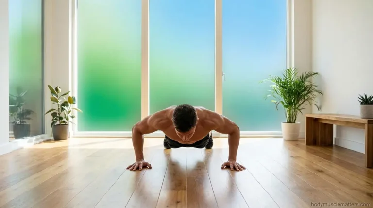 Person building muscle without weights performing an archer push-up at home