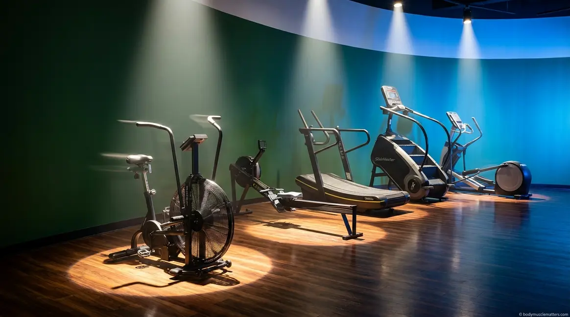 Five cardio machines ranked by calorie burn — air bike, rower, treadmill, StairMaster, and elliptical in fitness studio