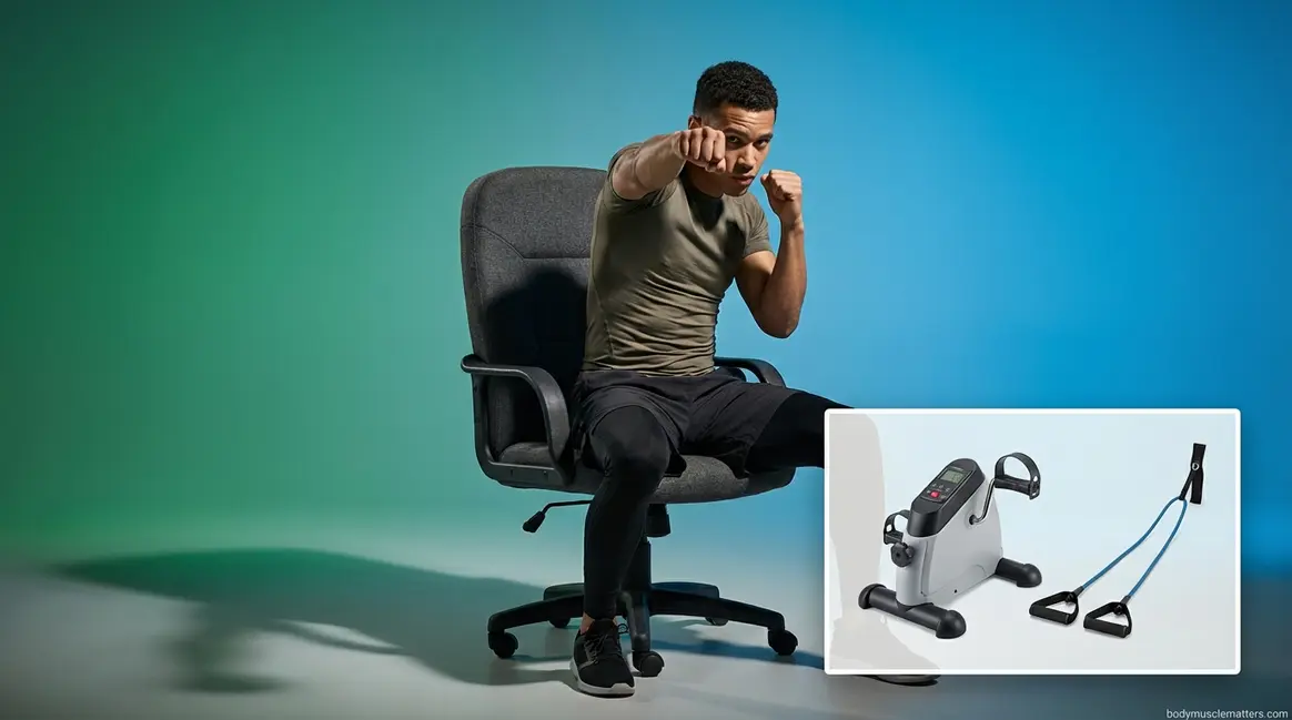 Person doing cardio without using legs via seated shadow boxing with full arm extension