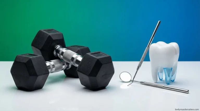 Gym weights next to a dental mirror showing exercise after tooth extraction recovery.
