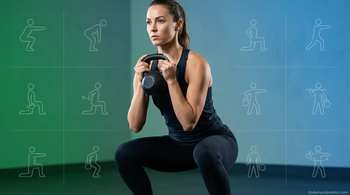 Functional training for muscle building using compound kettlebell goblet squat movement pattern