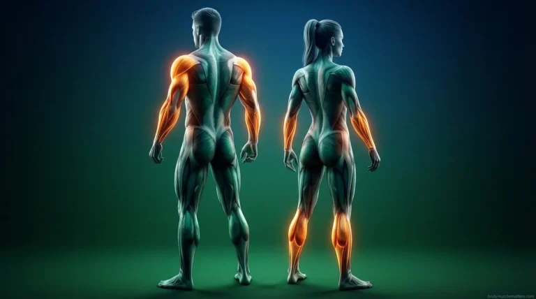 Anatomy illustration showing the hardest muscles to build highlighted on a human body