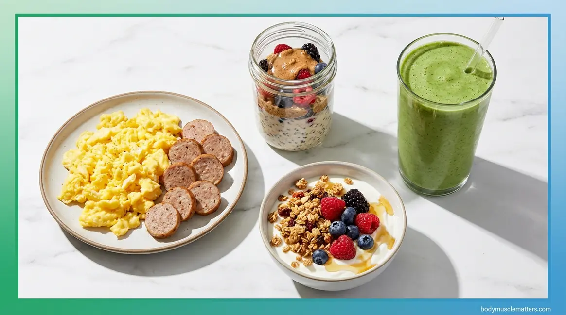 Healthy breakfast ideas for bodybuilders including proats, egg scramble, yogurt bowl, and protein shake